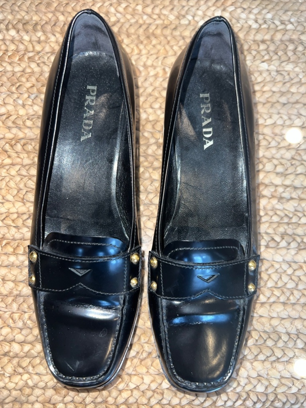 Prada Women Black Leather Loafer Gold Stud Detail Size EU 37